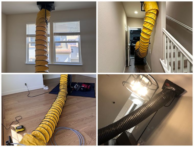 Four photos of collection hoses run to vents in different rooms during air duct cleaning