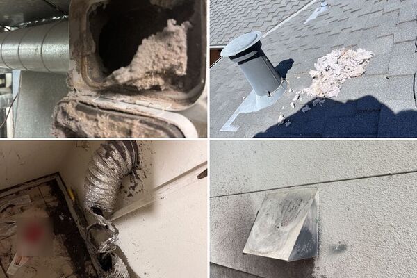Lint-packed dryer duct, roof vent lint, crushed foil hose and a lint-stained outside flap