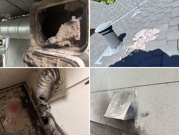 Four photos from dryer vent cleaning jobs: a lint-packed duct, lint by a roof vent cap, a crushed foil hose and a lint-stained outside flap